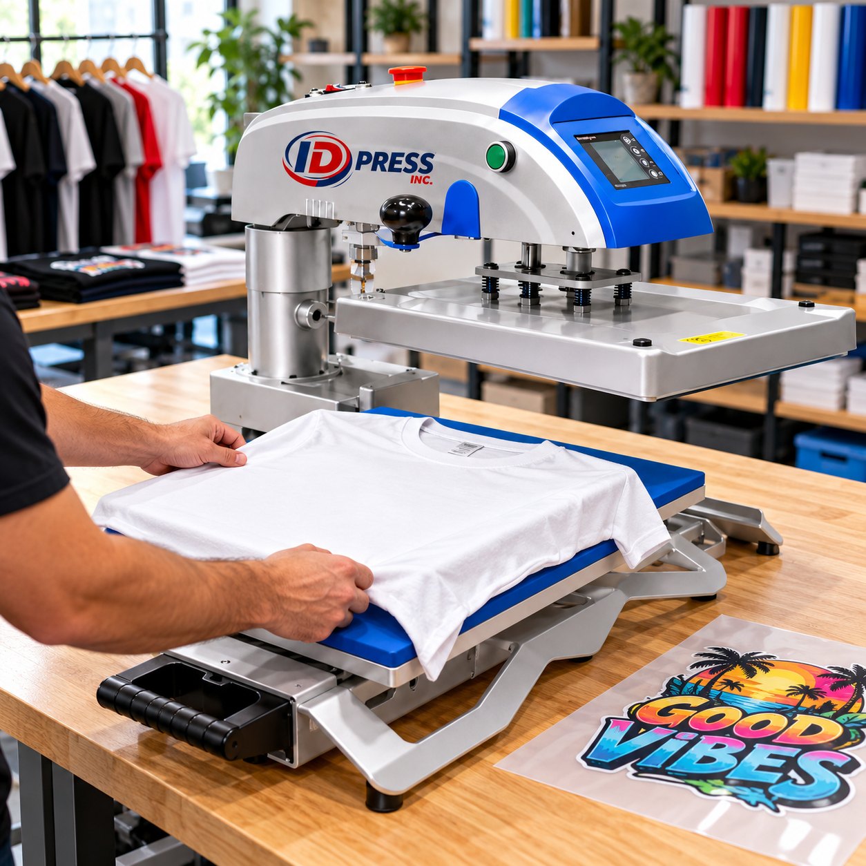 Machine #A slide-out drawer with a t-shirt being laid out