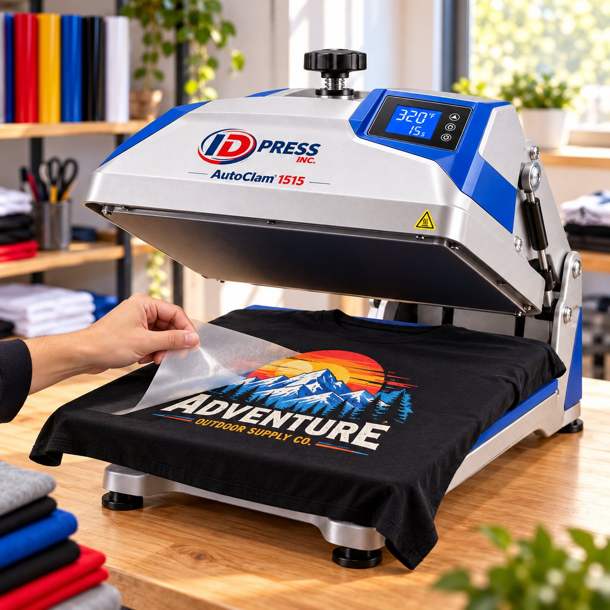 Machine #B heat press with a freshly pressed DTF t-shirt