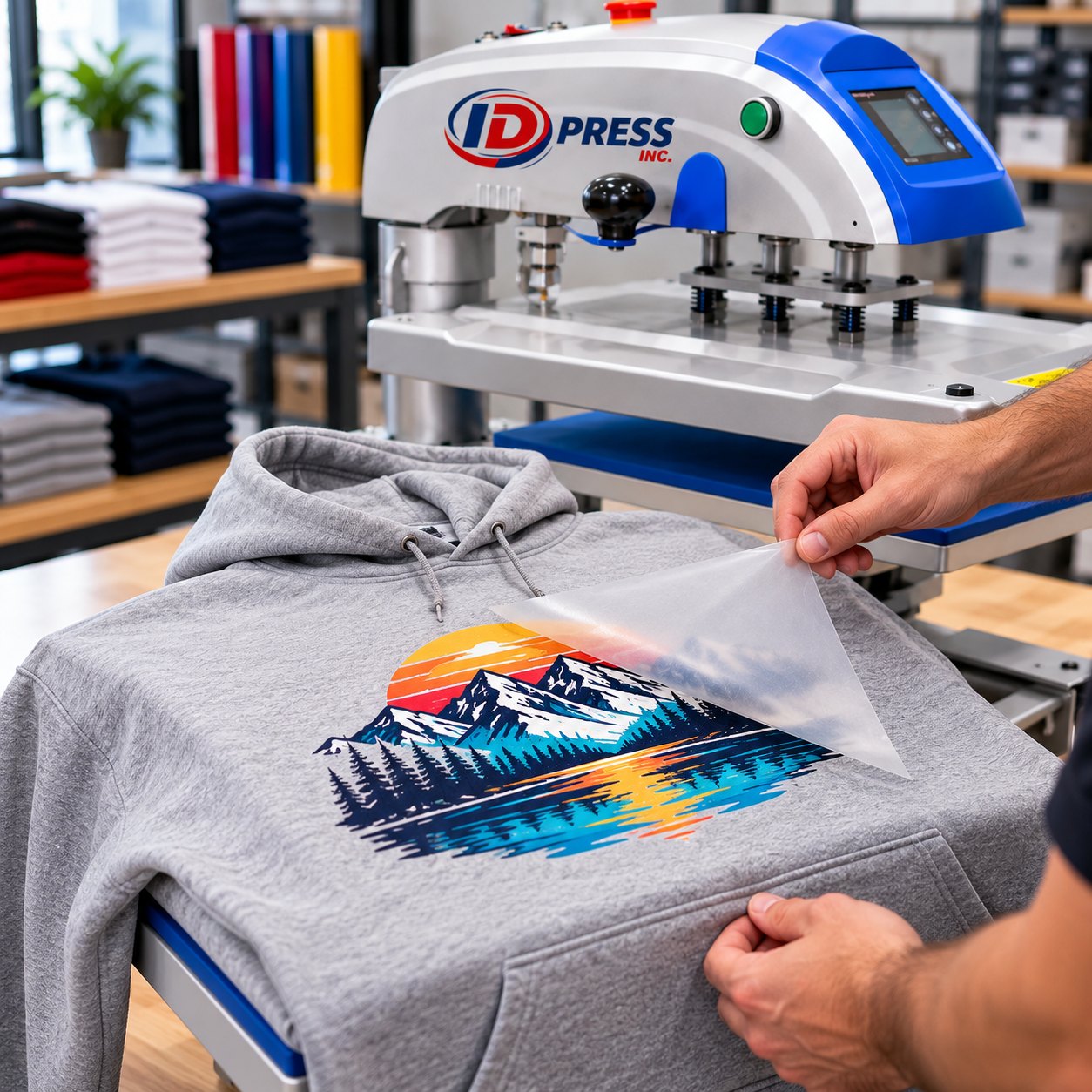 Hoodie with a fresh transfer pressed on an ID Press heat press