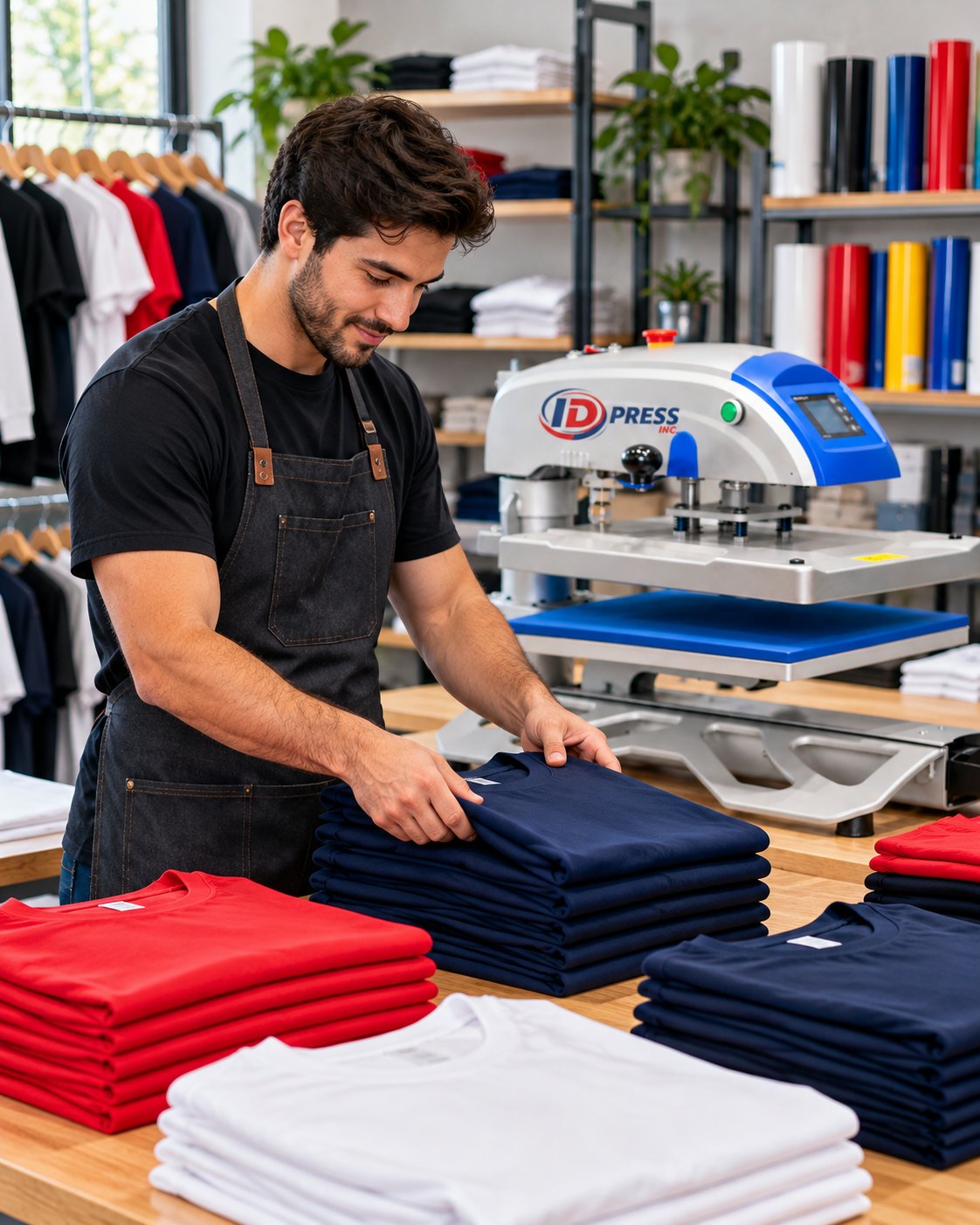 Print shop owner stacking shirts pressed on an ID Press heat press
